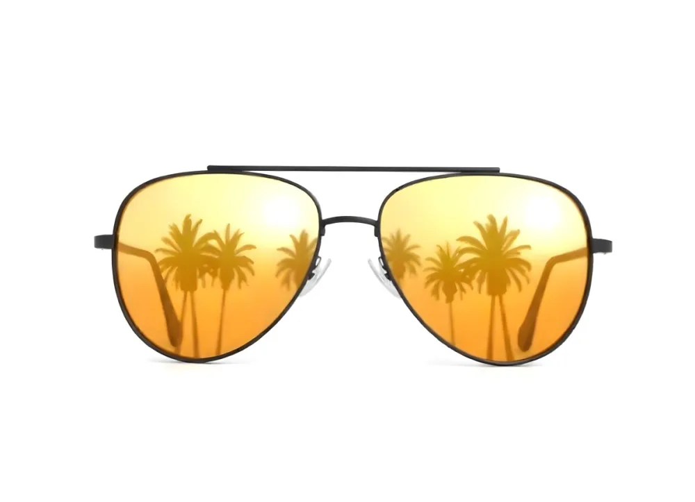 Aviator Sunglasses With Black Frame And Yellow Lenses Reflecting Palm Trees On A Yellow Background 17 982b