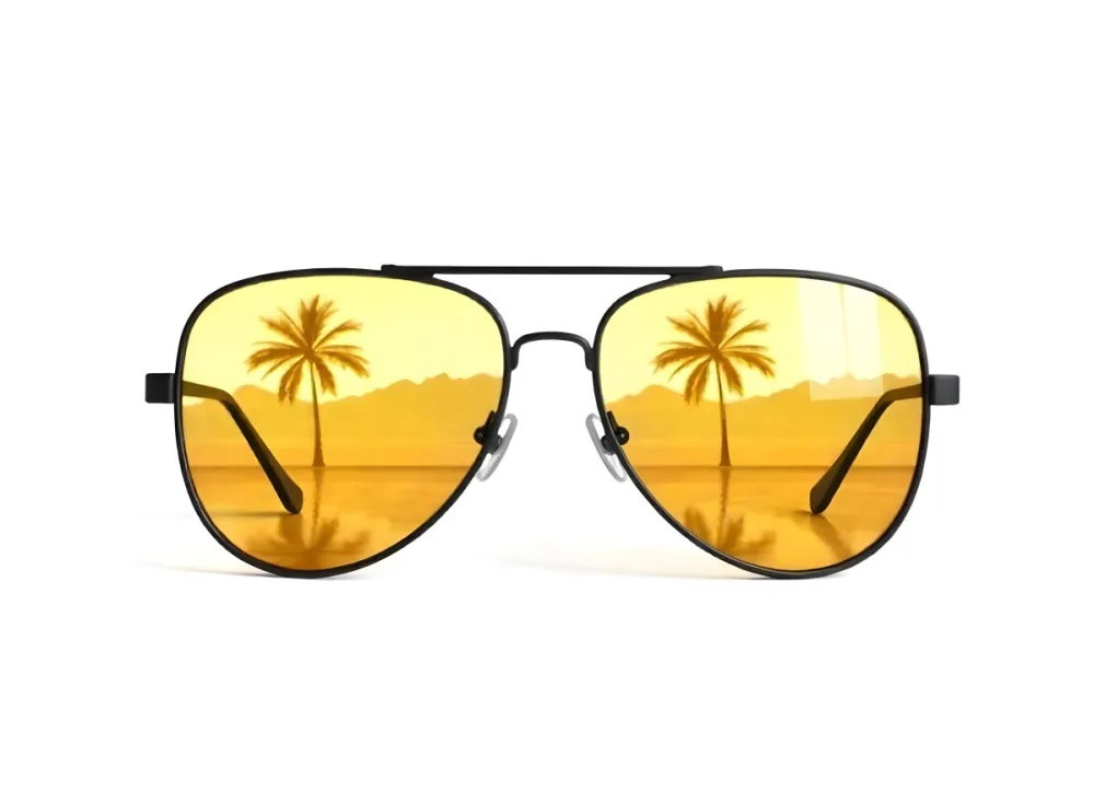 Aviator Sunglasses With Black Frame And Yellow Lenses Reflecting Palm Trees On A Yellow Background 8 733e
