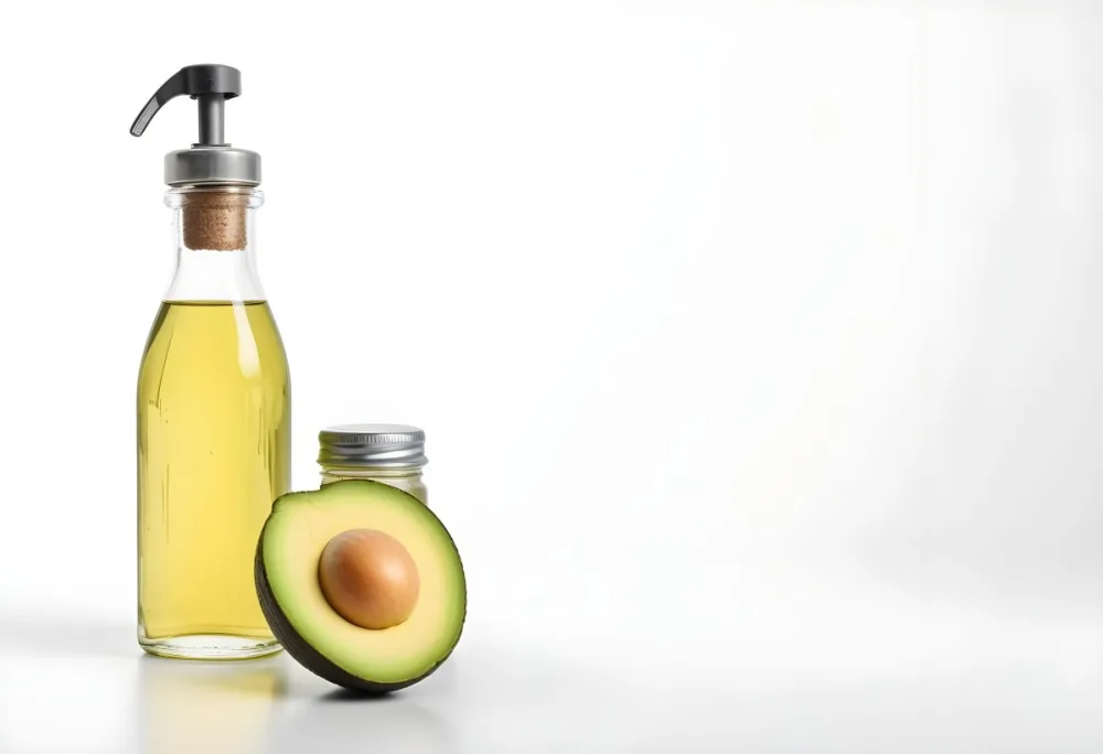 Avocado Next To A Bottle Of Oil The Avocado Is Cut In Half The Bottle Is Made Of Metal And Has A Metal Cap White Background 19 0e9c