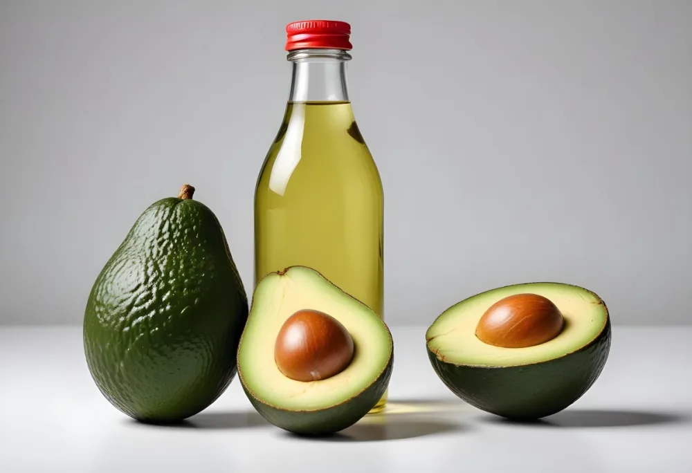 Avocado Next To A Bottle Of Oil The Avocado Is Cut In Half The Bottle Is Made Of Metal And Has A Metal Cap White Background 4 23c0