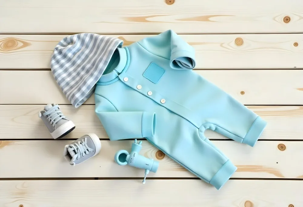 Baby Clothes A Hat A Pair Of Shoes And A Toy On A Wooden Table 3 A659