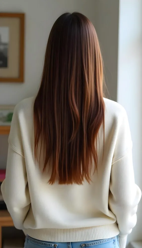 Back View Of A Caucasian Woman 25 Years Old With Long Straight Brown Hair Wearing A White Sweater In A Room 21 66e1