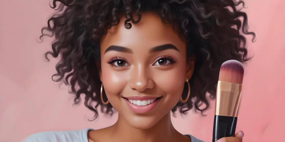 Black Female Approximately 25 Years Old With Curly Black Hair And A Warm Smile She Is Holding A Makeup Brush Near Her Cheek Showcasing A Natural Makeup Look The Background Is A Soft Pink Color 10 0d01