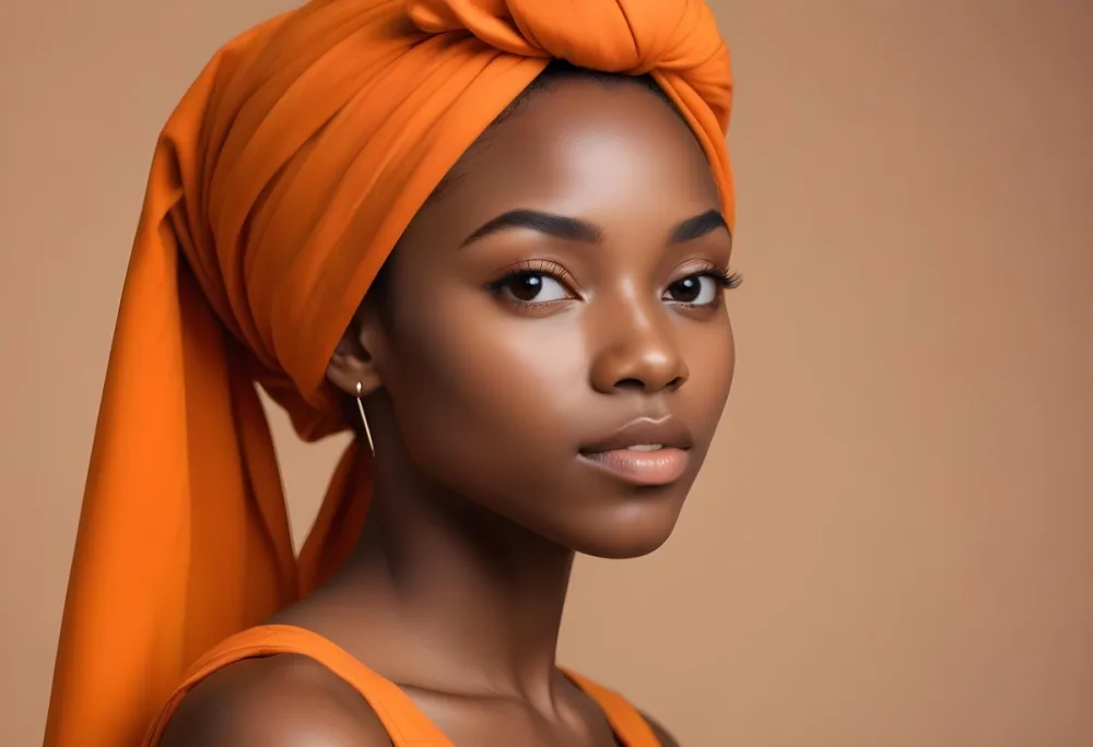 Black Woman 25 Years Old With Dark Skin And A Headwrap In Orange She Has A Smooth Complexion And Is Facing To The Side Against A Light Background 109 2c1c