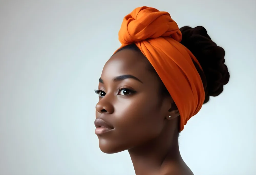 Black Woman 25 Years Old With Dark Skin And A Headwrap In Orange She Has A Smooth Complexion And Is Facing To The Side Against A Light Background 12 450c