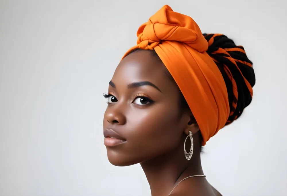 Black Woman 25 Years Old With Dark Skin And A Headwrap In Orange She Has A Smooth Complexion And Is Facing To The Side Against A Light Background 143 0a87