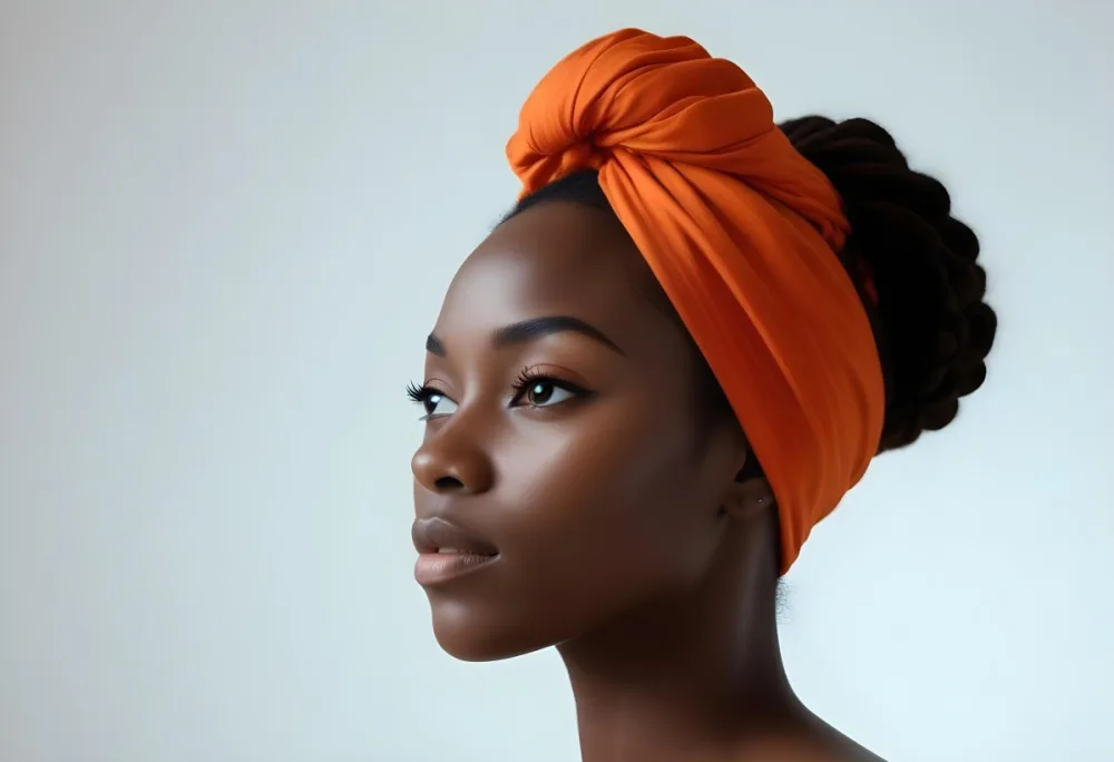 Black Woman 25 Years Old With Dark Skin And A Headwrap In Orange She Has A Smooth Complexion And Is Facing To The Side Against A Light Background 144 A9ef