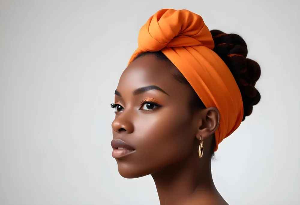 Black Woman 25 Years Old With Dark Skin And A Headwrap In Orange She Has A Smooth Complexion And Is Facing To The Side Against A Light Background 146 9c3f