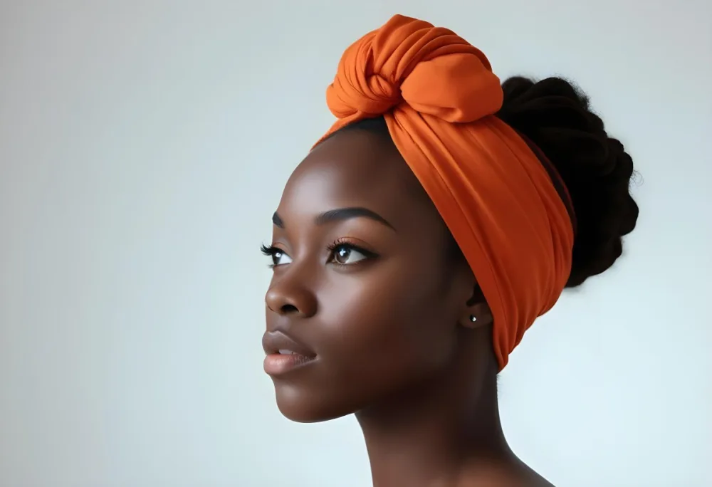 Black Woman 25 Years Old With Dark Skin And A Headwrap In Orange She Has A Smooth Complexion And Is Facing To The Side Against A Light Background 23 468a