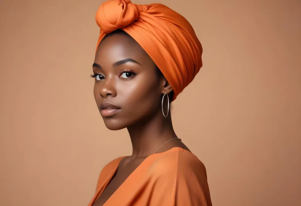 Black Woman 25 Years Old With Dark Skin And A Headwrap In Orange She Has A Smooth Complexion And Is Facing To The Side Against A Light Background 26 5adc