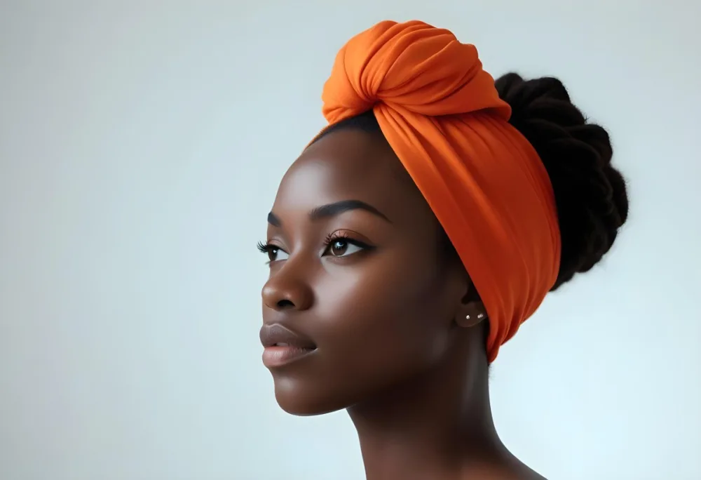 Black Woman 25 Years Old With Dark Skin And A Headwrap In Orange She Has A Smooth Complexion And Is Facing To The Side Against A Light Background 30 7d00