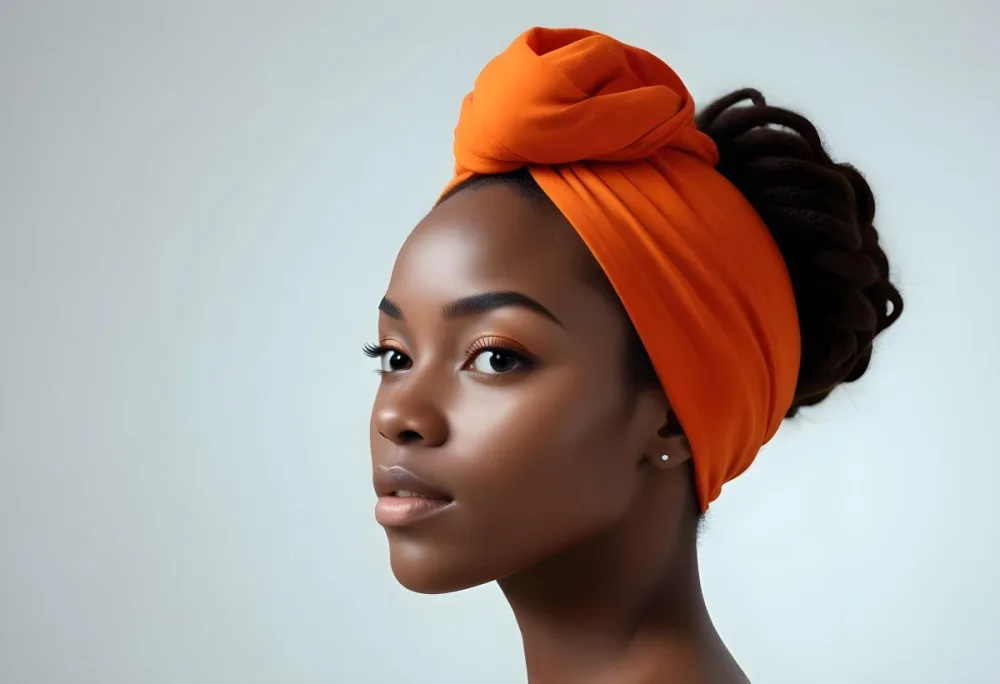 Black Woman 25 Years Old With Dark Skin And A Headwrap In Orange She Has A Smooth Complexion And Is Facing To The Side Against A Light Background 68 Bc7c