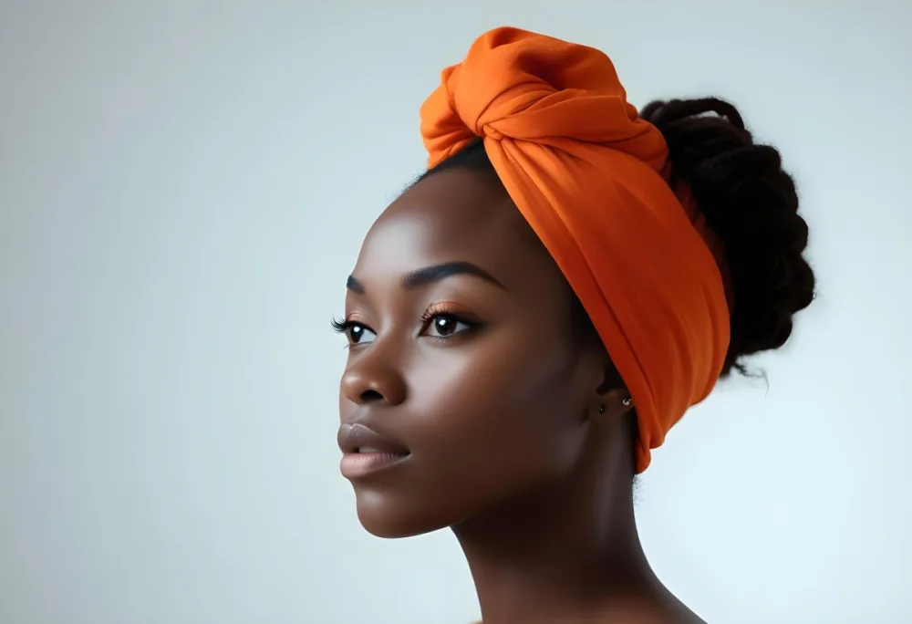 Black Woman 25 Years Old With Dark Skin And A Headwrap In Orange She Has A Smooth Complexion And Is Facing To The Side Against A Light Background 77 013f