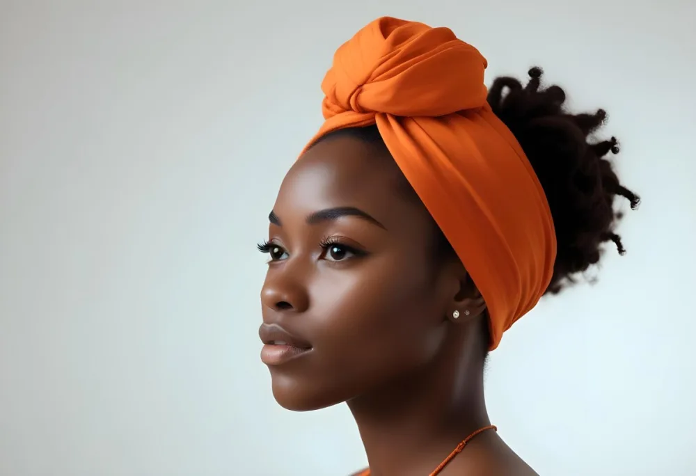 Black Woman 25 Years Old With Dark Skin And A Headwrap In Orange She Has A Smooth Complexion And Is Facing To The Side Against A Light Background 89 A35d