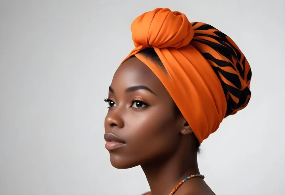 Black Woman 25 Years Old With Dark Skin And A Headwrap In Orange She Has A Smooth Complexion And Is Facing To The Side Against A Light Background 92 Cf0e