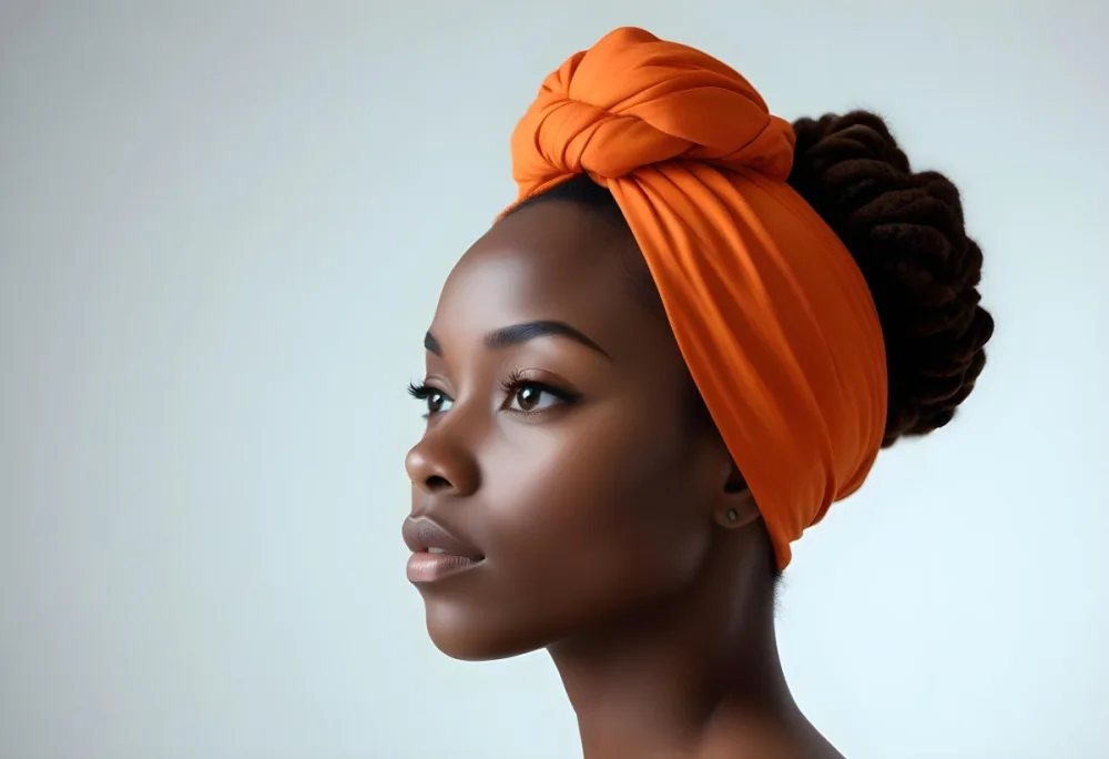 Black Woman 25 Years Old With Dark Skin And A Headwrap In Orange She Has A Smooth Complexion And Is Facing To The Side Against A Light Background 94 57d8