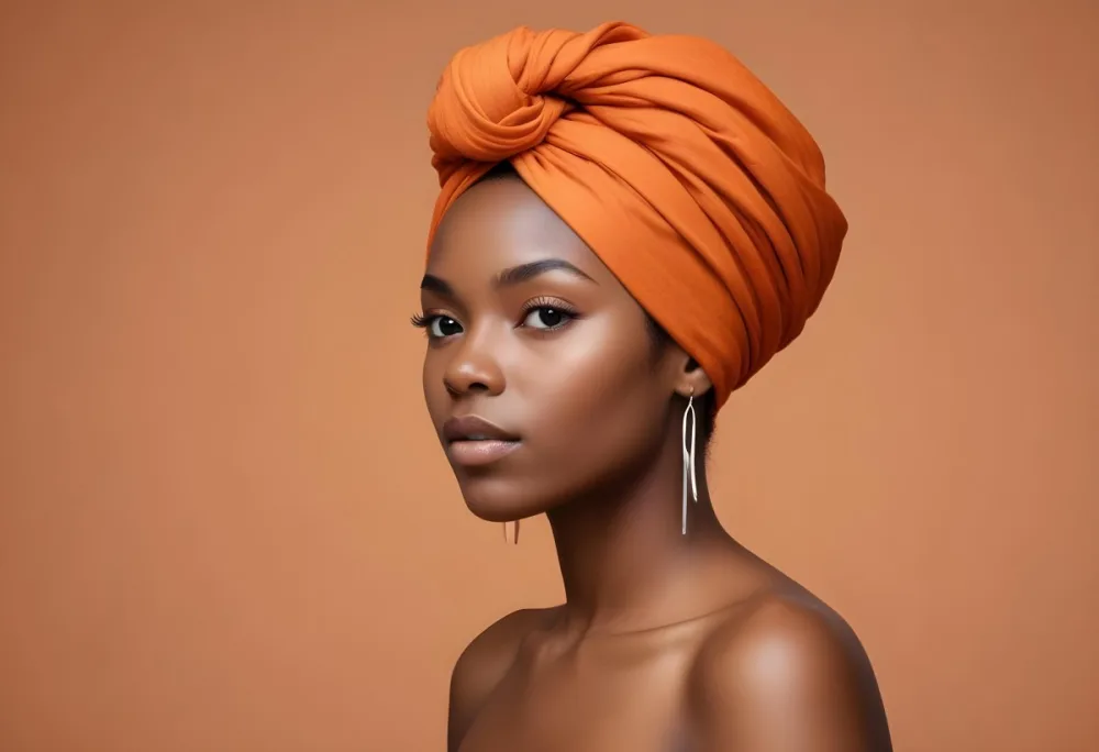 Black Woman 25 Years Old With Dark Skin And A Headwrap In Orange She Has A Smooth Complexion And Is Facing To The Side Against A Light Background 95 597b
