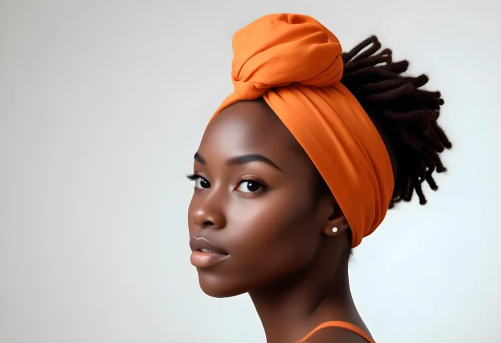 Black Woman 25 Years Old With Dark Skin And A Headwrap In Orange She Has A Smooth Complexion And Is Facing To The Side Against A Light Background 97 7777