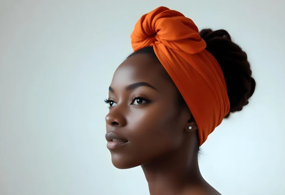 Black Woman 25 Years Old With Dark Skin And A Headwrap In Orange She Has A Smooth Complexion And Is Facing To The Side Against A Light Background 98 8553