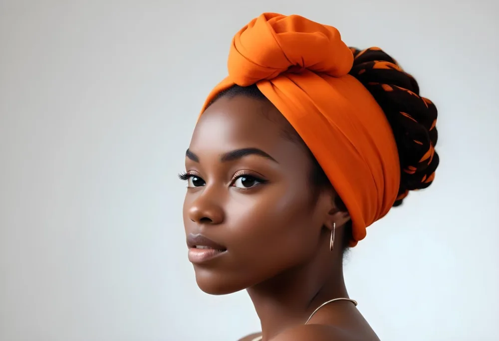 Black Woman 25 Years Old With Dark Skin And A Headwrap In Orange She Has A Smooth Complexion And Is Facing To The Side Against A Light Background 99 360b
