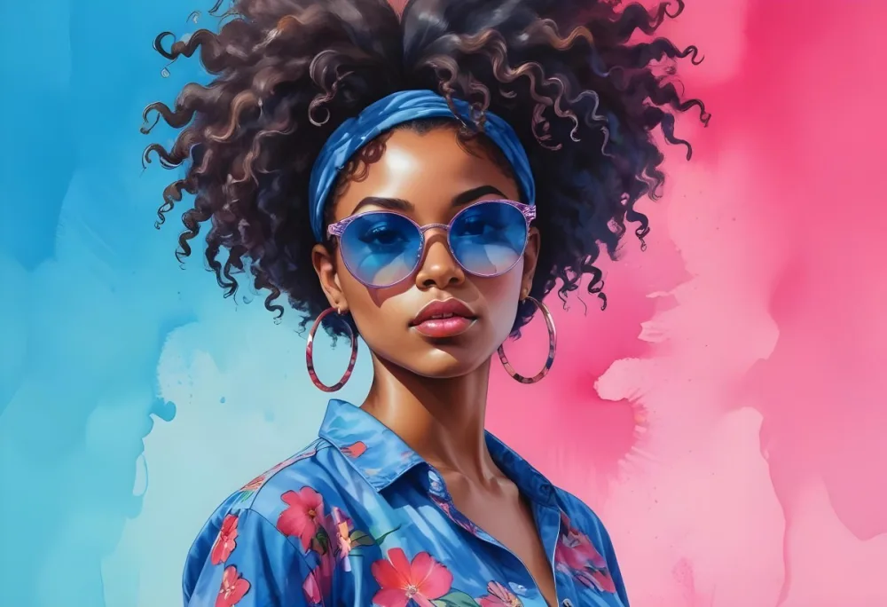 Black Woman With Dark Skin Approximately 25 Years Old Wearing Large Blue Sunglasses And Hoop Earrings She Has A Voluminous Curly Hairstyle And Is Dressed In A Colorful Patterned Shirt With Vibrant Colors The Back 19 6d77