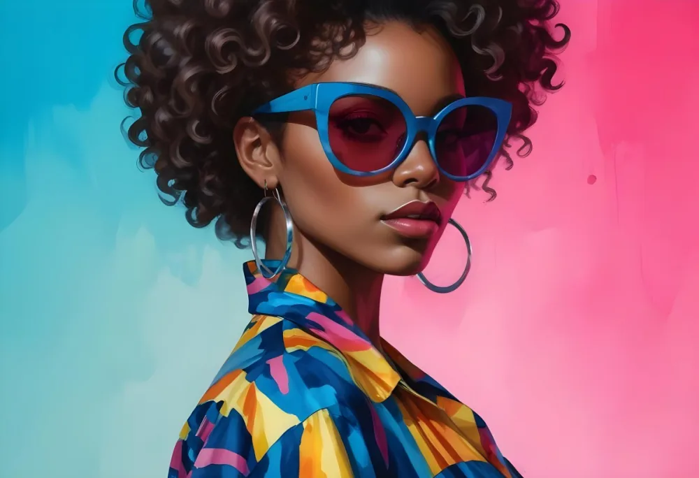 Black Woman With Dark Skin Approximately 25 Years Old Wearing Large Blue Sunglasses And Hoop Earrings She Has A Voluminous Curly Hairstyle And Is Dressed In A Colorful Patterned Shirt With Vibrant Colors The Back 40 Ab26