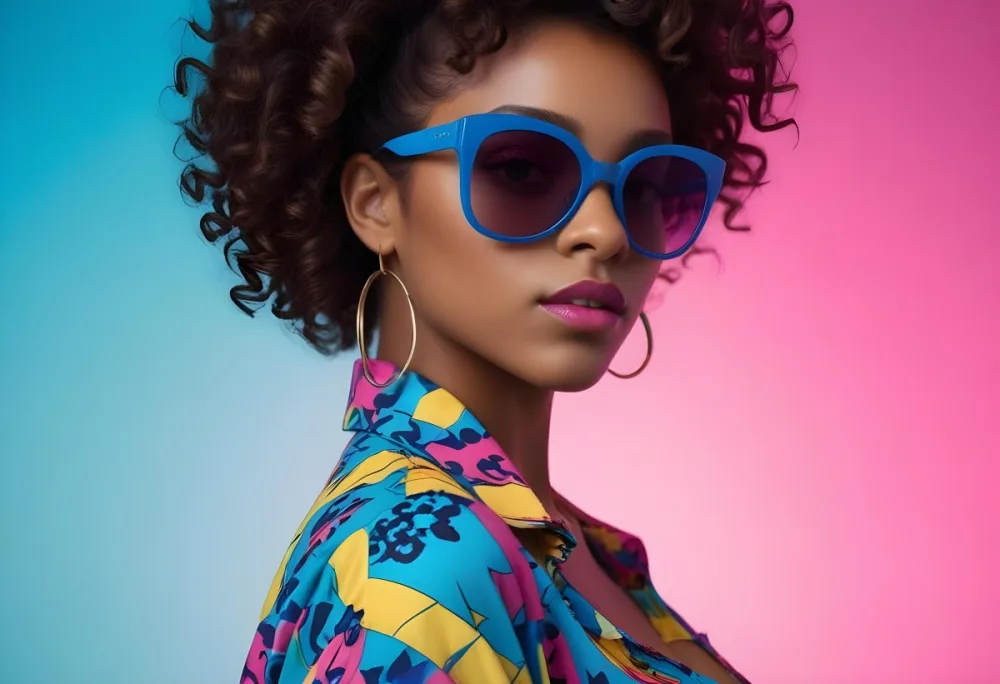 Black Woman With Dark Skin Approximately 25 Years Old Wearing Large Blue Sunglasses And Hoop Earrings She Has A Voluminous Curly Hairstyle And Is Dressed In A Colorful Patterned Shirt With Vibrant Colors The Back 47 9f89