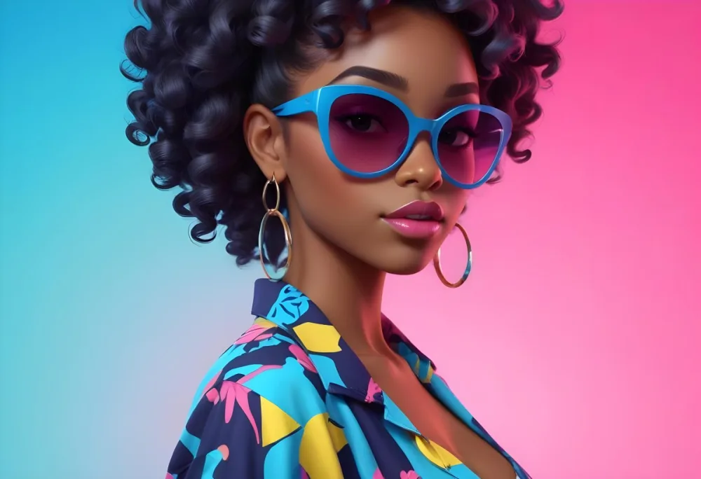 Black Woman With Dark Skin Approximately 25 Years Old Wearing Large Blue Sunglasses And Hoop Earrings She Has A Voluminous Curly Hairstyle And Is Dressed In A Colorful Patterned Shirt With Vibrant Colors The Back 5 F7c0
