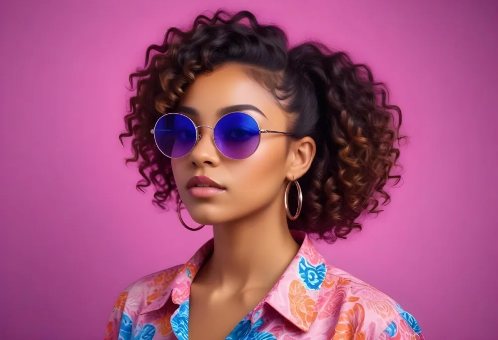 Black Woman With Dark Skin Approximately 25 Years Old Wearing Large Blue Sunglasses And Hoop Earrings She Has A Voluminous Curly Hairstyle And Is Dressed In A Colorful Patterned Shirt With Vibrant Colors The Back 64 274e