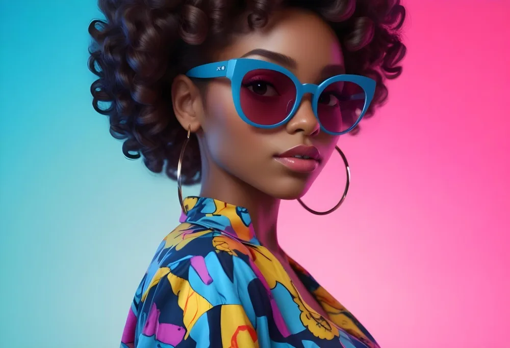 Black Woman With Dark Skin Approximately 25 Years Old Wearing Large Blue Sunglasses And Hoop Earrings She Has A Voluminous Curly Hairstyle And Is Dressed In A Colorful Patterned Shirt With Vibrant Colors The Back 7 F13c