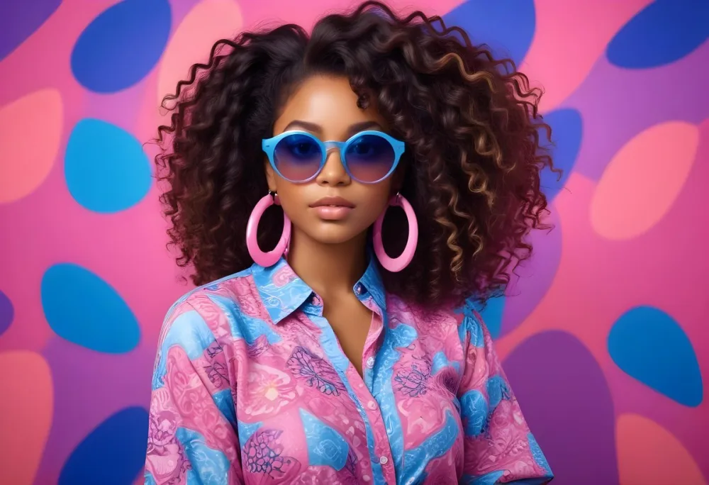 Black Woman With Dark Skin Approximately 25 Years Old Wearing Large Blue Sunglasses And Hoop Earrings She Has A Voluminous Curly Hairstyle And Is Dressed In A Colorful Patterned Shirt With Vibrant Colors The Back 79 8333
