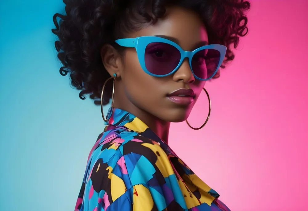 Black Woman With Dark Skin Approximately 25 Years Old Wearing Large Blue Sunglasses And Hoop Earrings She Has A Voluminous Curly Hairstyle And Is Dressed In A Colorful Patterned Shirt With Vibrant Colors The Back 94 7d51