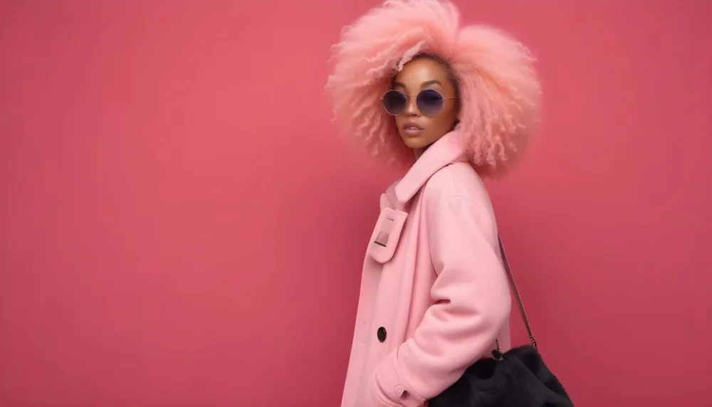 Black Woman With Light Brown Skin Approximately 25 Years Old Wearing A Pink Coat And Large Round Sunglasses She Has Voluminous Pink Hair Styled In An Afro The Background Is A Solid Pink Wall 13 6fb7