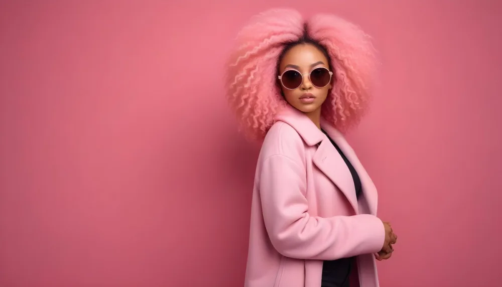 Black Woman With Light Brown Skin Approximately 25 Years Old Wearing A Pink Coat And Large Round Sunglasses She Has Voluminous Pink Hair Styled In An Afro The Background Is A Solid Pink Wall 17 86ea