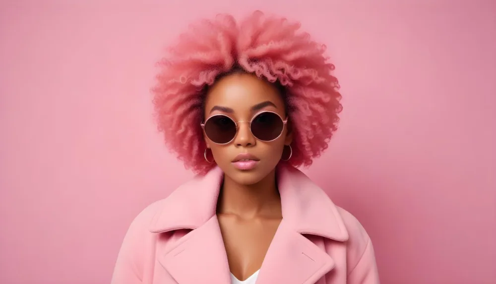 Black Woman With Light Brown Skin Approximately 25 Years Old Wearing A Pink Coat And Large Round Sunglasses She Has Voluminous Pink Hair Styled In An Afro The Background Is A Solid Pink Wall 19 Ff09