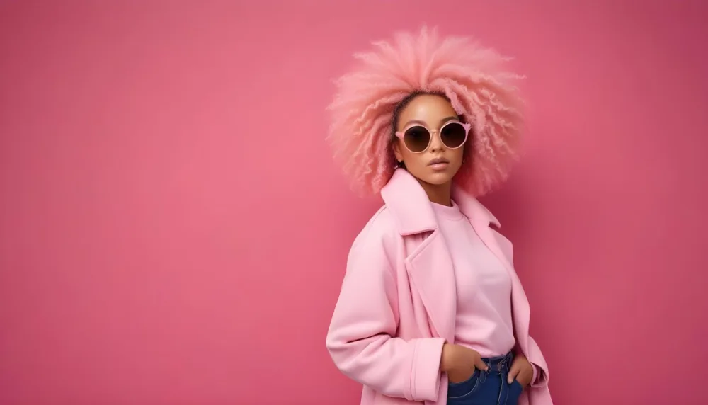 Black Woman With Light Brown Skin Approximately 25 Years Old Wearing A Pink Coat And Large Round Sunglasses She Has Voluminous Pink Hair Styled In An Afro The Background Is A Solid Pink Wall 22 3db9