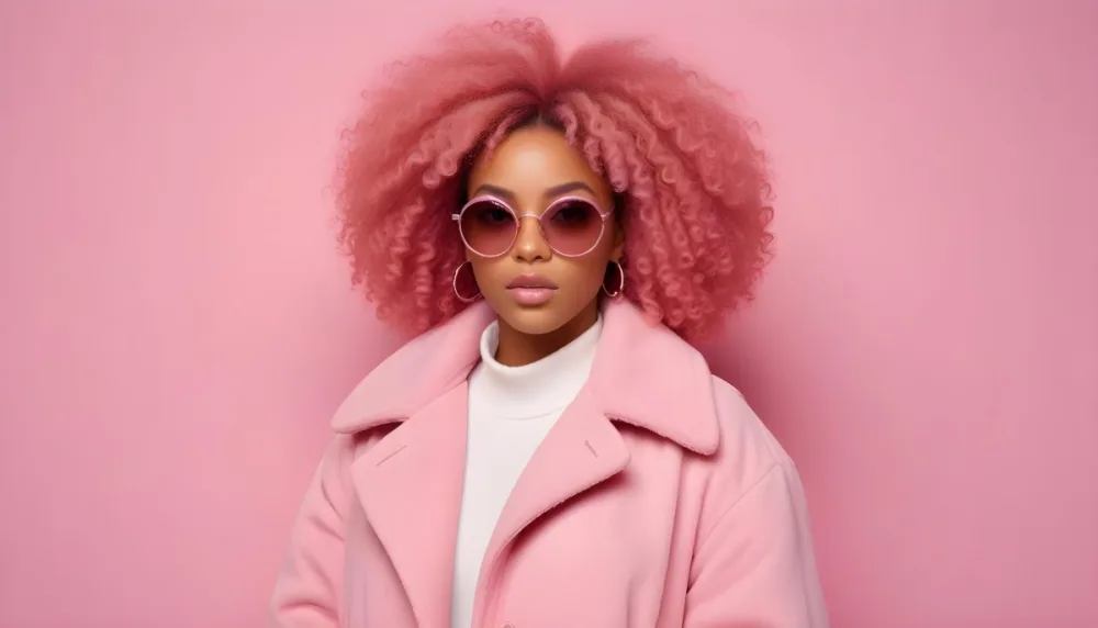 Black Woman With Light Brown Skin Approximately 25 Years Old Wearing A Pink Coat And Large Round Sunglasses She Has Voluminous Pink Hair Styled In An Afro The Background Is A Solid Pink Wall 23 75ee