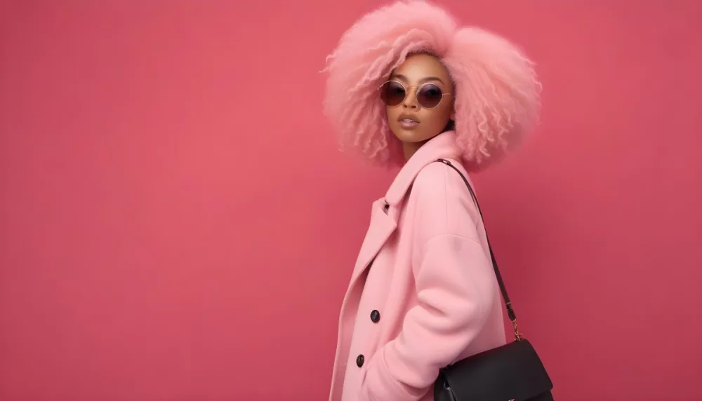 Black Woman With Light Brown Skin Approximately 25 Years Old Wearing A Pink Coat And Large Round Sunglasses She Has Voluminous Pink Hair Styled In An Afro The Background Is A Solid Pink Wall 3 54d8