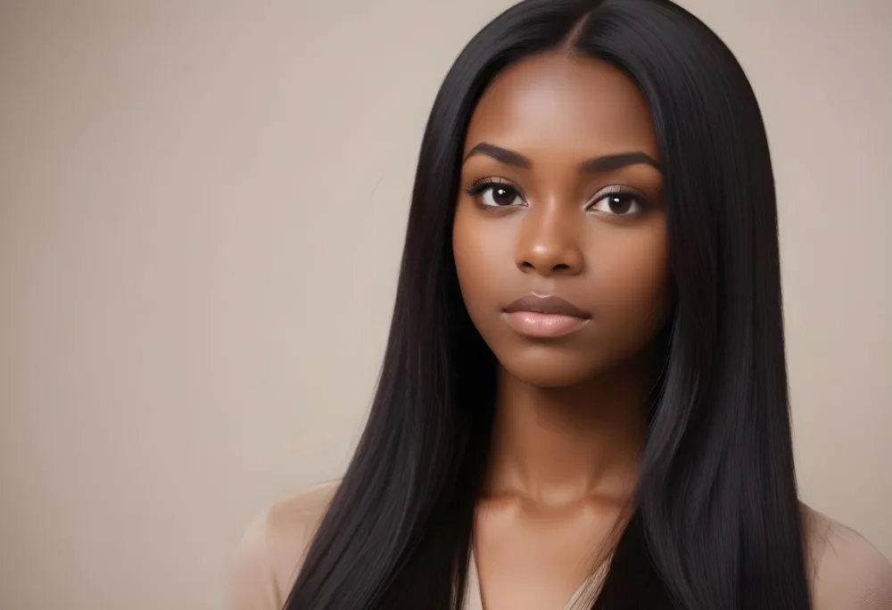 Black Woman With Long Straight Black Hair Smooth Dark Skin And A Neutral Expression She Appears To Be In Her 20s The Background Is A Soft Neutral Tone 34 5983