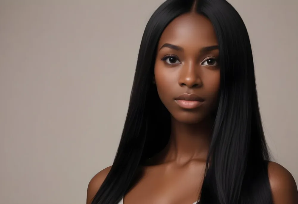 Black Woman With Long Straight Black Hair Smooth Dark Skin And A Neutral Expression She Appears To Be In Her 20s The Background Is A Soft Neutral Tone 56 5513