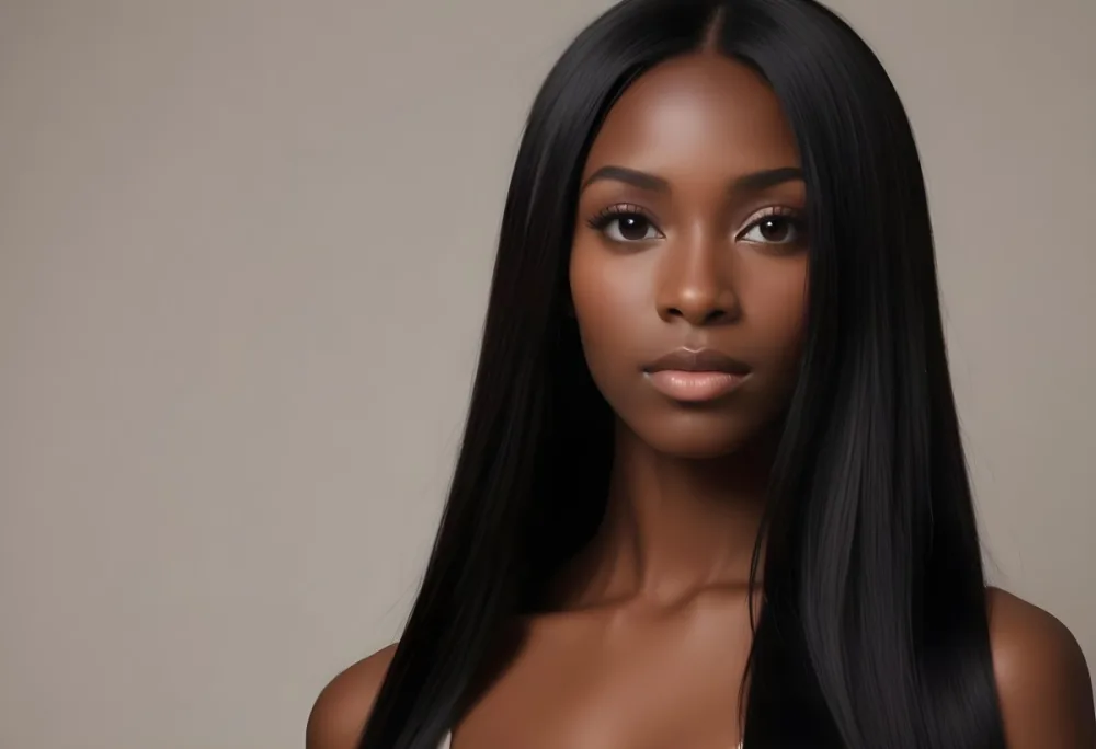 Black Woman With Long Straight Black Hair Smooth Dark Skin And A Neutral Expression She Appears To Be In Her 20s The Background Is A Soft Neutral Tone 58 2761