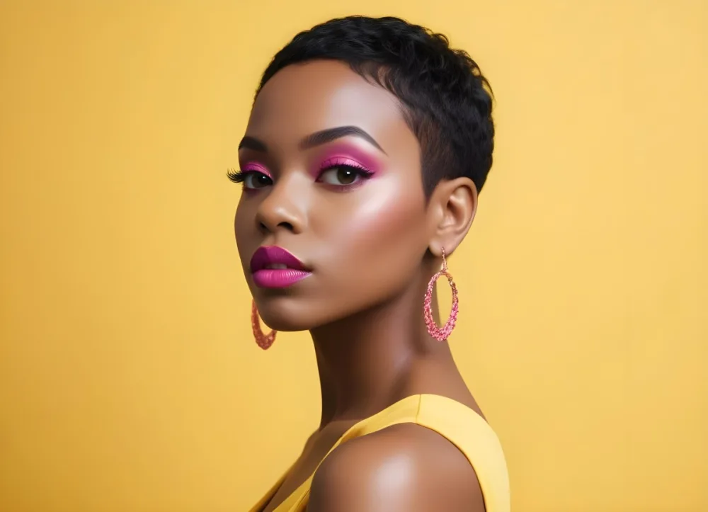 Black Woman With Short Hair Approximately 25 Years Old Wearing Bold Makeup With Pink Eyeshadow And Deep Pink Lipstick She Has Large Earrings And Is Dressed In A Yellow Top The Background Is A Solid Yellow Color 105 A9ba