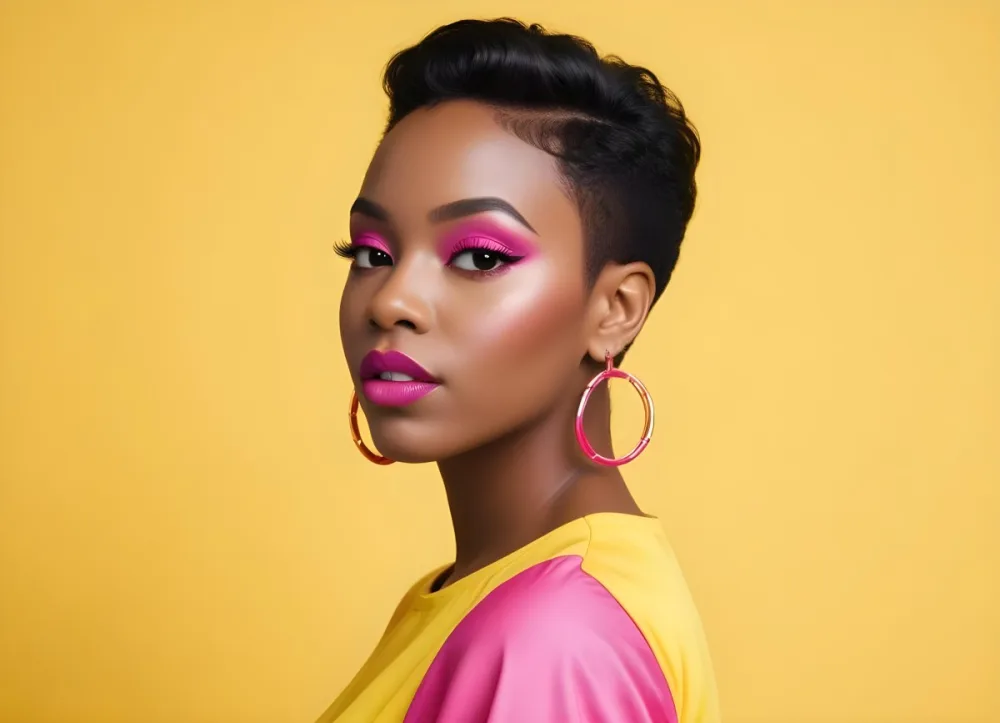 Black Woman With Short Hair Approximately 25 Years Old Wearing Bold Makeup With Pink Eyeshadow And Deep Pink Lipstick She Has Large Earrings And Is Dressed In A Yellow Top The Background Is A Solid Yellow Color 110 7fc5