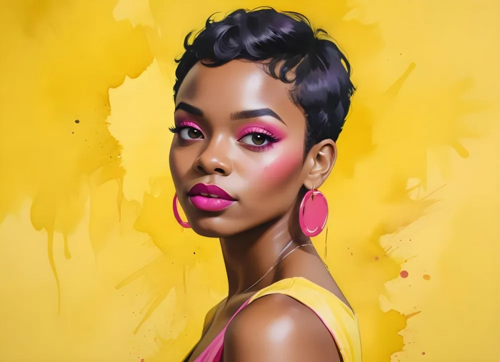 Black Woman With Short Hair Approximately 25 Years Old Wearing Bold Makeup With Pink Eyeshadow And Deep Pink Lipstick She Has Large Earrings And Is Dressed In A Yellow Top The Background Is A Solid Yellow Color 24 D7a3