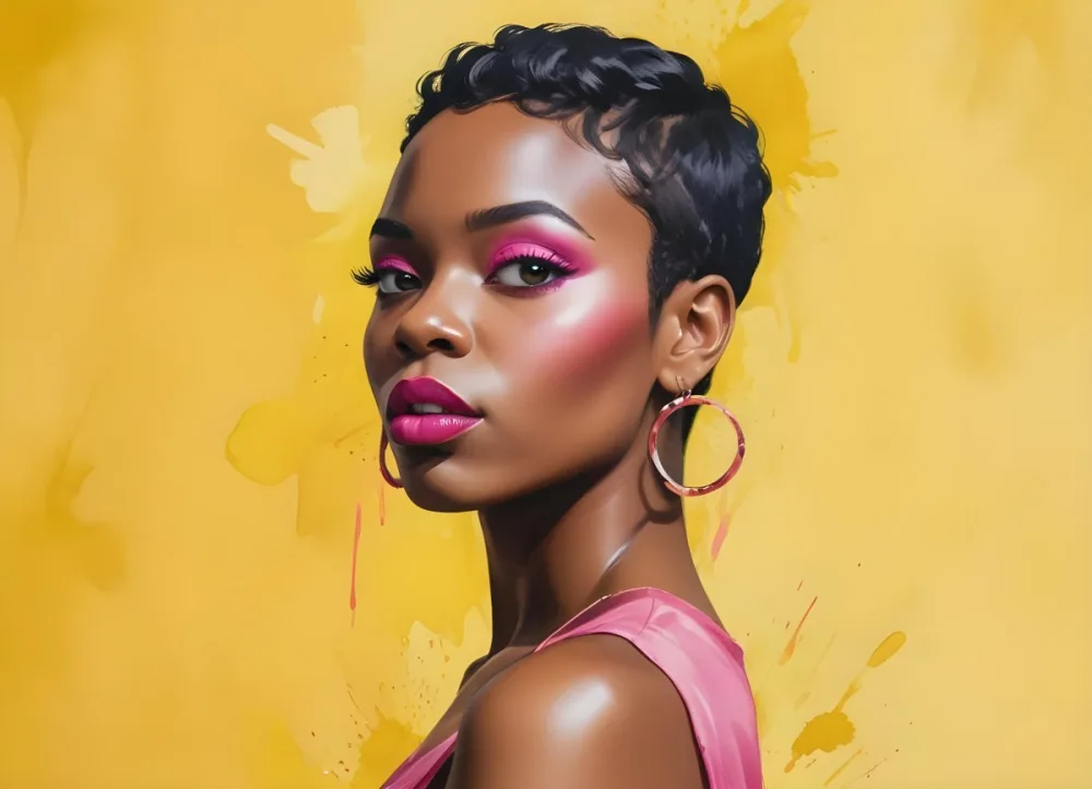 Black Woman With Short Hair Approximately 25 Years Old Wearing Bold Makeup With Pink Eyeshadow And Deep Pink Lipstick She Has Large Earrings And Is Dressed In A Yellow Top The Background Is A Solid Yellow Color 36 3a2d
