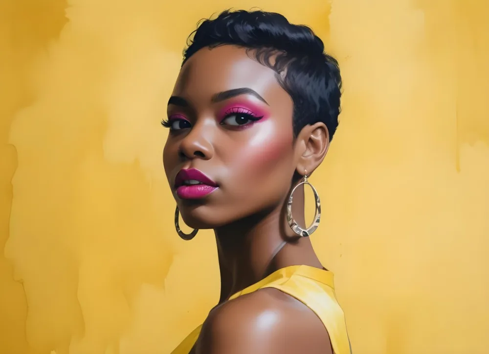 Black Woman With Short Hair Approximately 25 Years Old Wearing Bold Makeup With Pink Eyeshadow And Deep Pink Lipstick She Has Large Earrings And Is Dressed In A Yellow Top The Background Is A Solid Yellow Color 48 7472