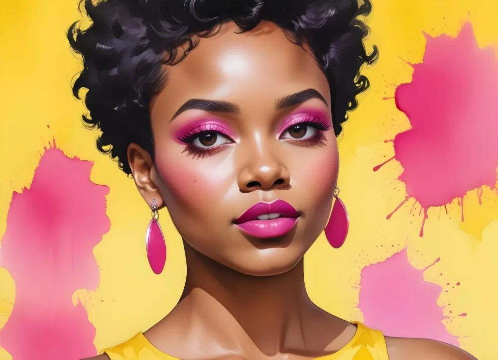 Black Woman With Short Hair Approximately 25 Years Old Wearing Bold Makeup With Pink Eyeshadow And Deep Pink Lipstick She Has Large Earrings And Is Dressed In A Yellow Top The Background Is A Solid Yellow Color 50 0899