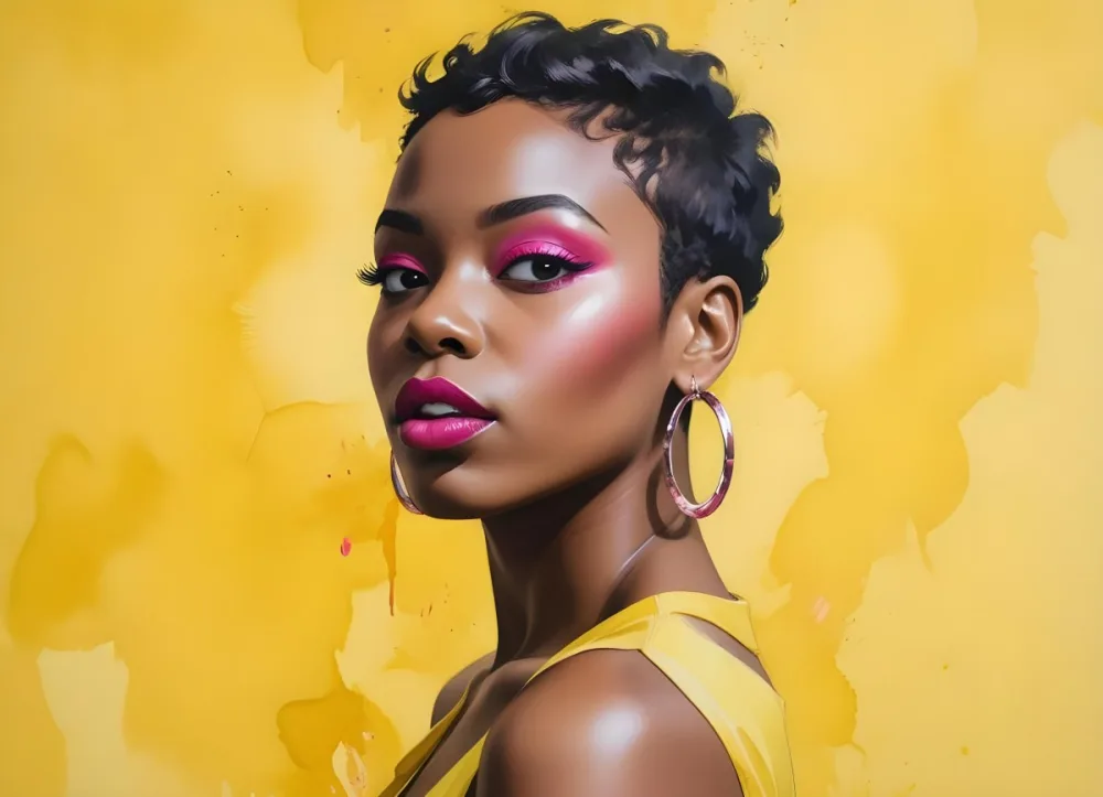 Black Woman With Short Hair Approximately 25 Years Old Wearing Bold Makeup With Pink Eyeshadow And Deep Pink Lipstick She Has Large Earrings And Is Dressed In A Yellow Top The Background Is A Solid Yellow Color 57 5407
