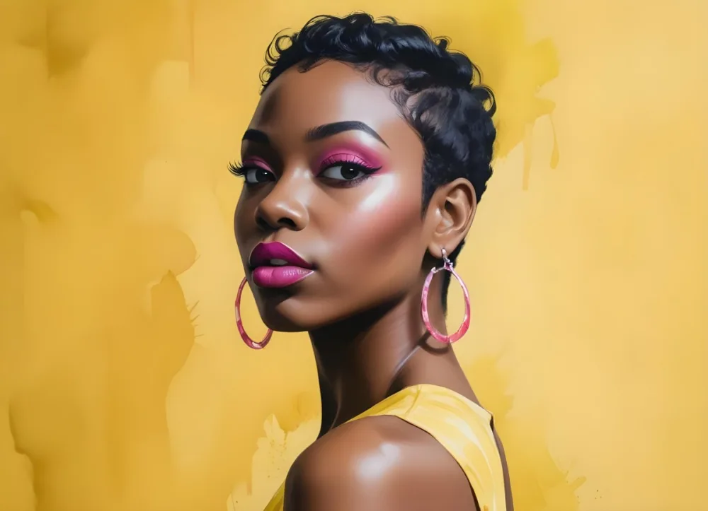 Black Woman With Short Hair Approximately 25 Years Old Wearing Bold Makeup With Pink Eyeshadow And Deep Pink Lipstick She Has Large Earrings And Is Dressed In A Yellow Top The Background Is A Solid Yellow Color 64 7e3a