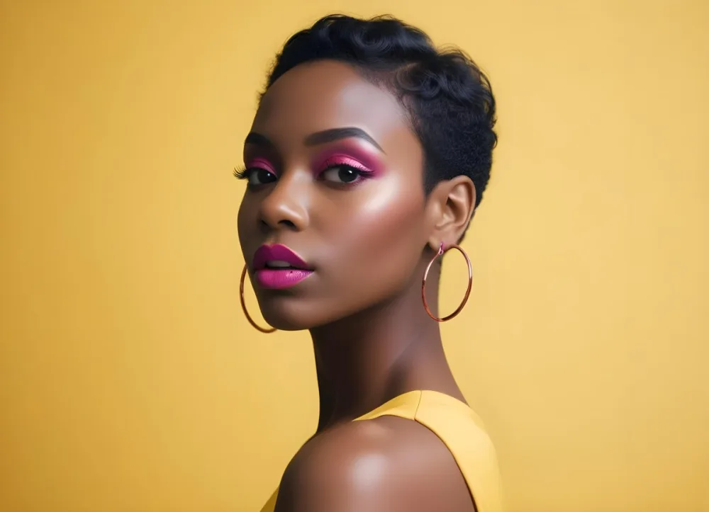 Black Woman With Short Hair Approximately 25 Years Old Wearing Bold Makeup With Pink Eyeshadow And Deep Pink Lipstick She Has Large Earrings And Is Dressed In A Yellow Top The Background Is A Solid Yellow Color 80 8ed5